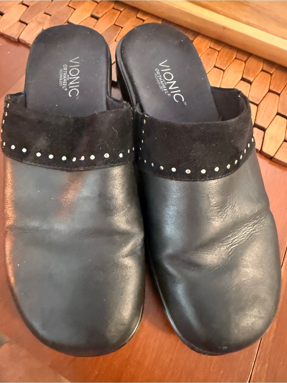 Vionic Black Leather Slip-On Mules with Studded Suede Band